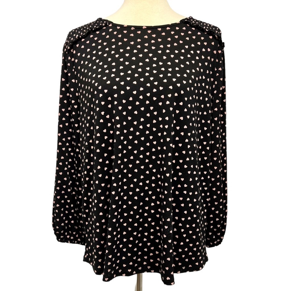 Adrianna Papell Black Heart Print Long Sleeve Top Women’s XL - Picture 3 of 13